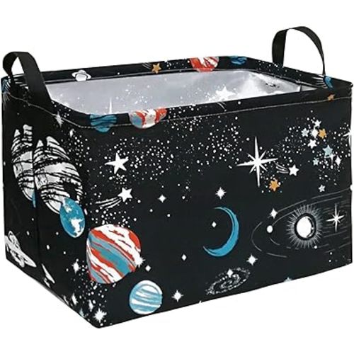 Rectangle Foldable Baby Laundry Basket, Boys Storage Basket for Dirty Cloth, Toys Nursery, Clothes Gift Basket with Handles for Room Decor (REC-Black Planet)