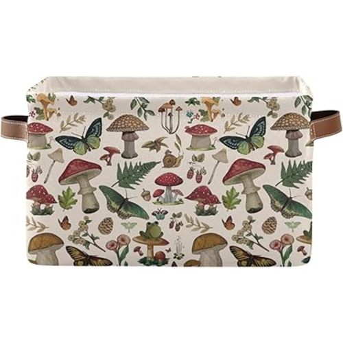 Wild Flower Botanical Mushroom Storage Basket Bin for Shelves Closet Butterfly Floral Foldable Fabric Storage Box Cube with Handles Kid Gift Toys Shelf Basket Organizer for Bedroom Nursery Home Decor