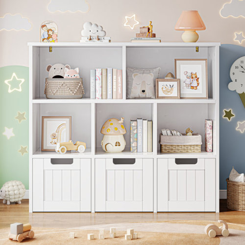 Gracie Oaks Bookcase with 3 Movable Drawers, Toy Storage Organizer with Hidden Wheels and 5 Open Cubbies, Multifunctional Floor Storage Chest, White & Reviews | Wayfair