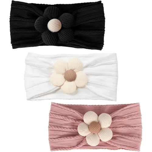 3 Pcs Baby Flower Headbands Baby Girls Nylon Headband Soft Hairbands Hair Accessories for Newborn Infant Toddler Kids (White Black Pink)
