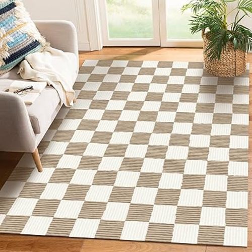 Checkered Brown Area Rug 3' ×5' Washable Large Living Room Rug Geometry Neutral Line Non-Slip Soft Bedroom Carpet Dining Room Nursery Home Office Indoor Decor