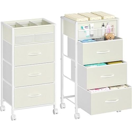 4-Tier Baby Diaper Caddy Organizer Cart with 3 Storage Drawers, Rolling Cart with Dividers & Side Pockets for Nursery, Baby Essentials, Toys, Wipes & Creams, Portable Baby Storage Cart & Station