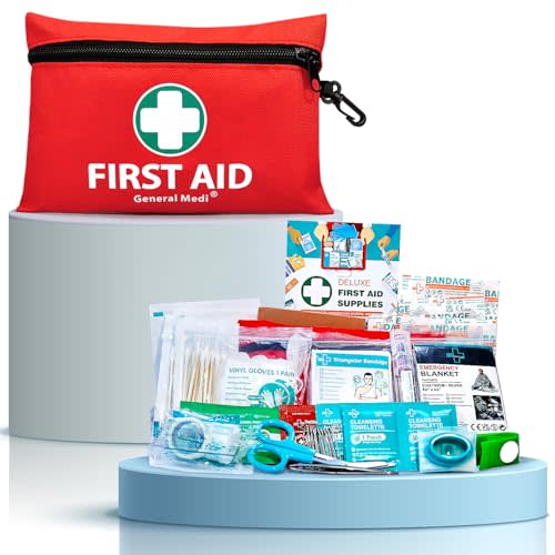 General Medi Mini First Aid Kit, 110 Piece Small First Aid Kit - Includes Emergency Foil Blanket, Scissors for Travel, Home, Office, Vehicle, Camping, Workplace & Outdoor (Red)