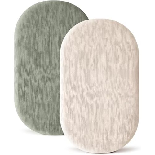 Konssy 2 Pack Muslin Bassinet Sheets for Baby Boy, 100% Cotton Soft Breathable Bassinet Mattress Sheets Fit for Hourglass Oval Cradle Rectangle Mattress (Fog Green,Cream)