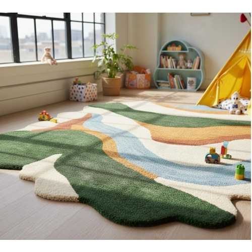 Nature-Inspired Kids Play Rug – Wavy River Landscape Carpet for Nursery, Playroom, Custom Size Rugs