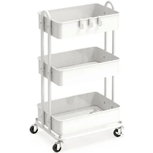 SimpleHouseware Heavy Duty 3-Tier Metal Utility Rolling Cart, White