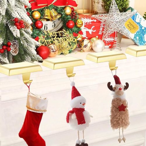 Tingtio Gold Stocking Holders for Mantle, Set of 4 Christmas Stoking Holder Weighted Flat Stocking Holders Hangers for Mantle Fireplace for Xmas Holiday Party Decoration