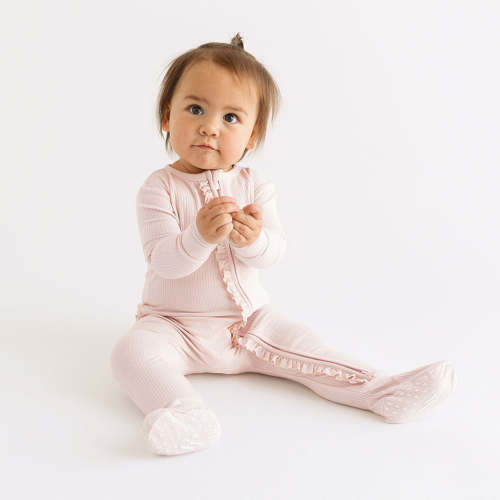 Sandy Blush Ribbed Footie Ruffled Zippered One Piece