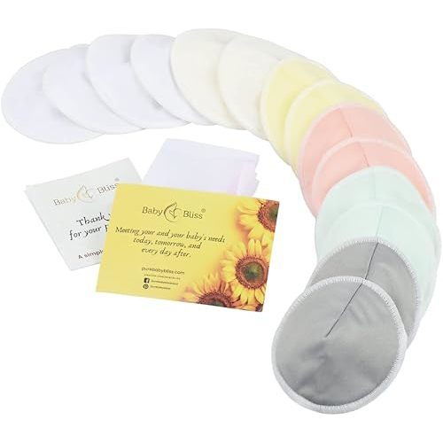 Bamboo Viscose Nursing Pads - 14 Washable Pads with Wash and Storage Bags - Breastfeeding Nipple Pads for Maternity - Reusable Breast Pads for Breastfeeding (Pastel Touch, Medium 3.9")