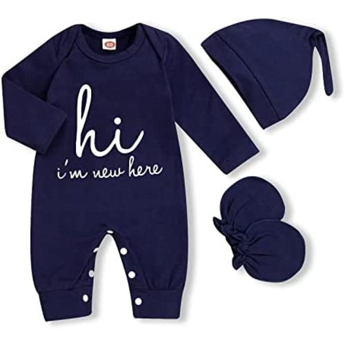 GRNSHTS Newborn Baby Boy Romper Coming Home Outfits Letter Print Bodysuit Jumpsuit+Hat+Gloves 3PCS Clothes Set