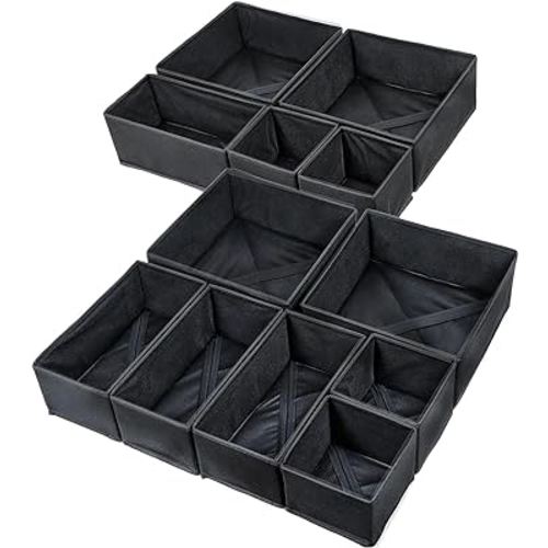 12 Pack Drawer Organizers for Clothing, Foldable Clothes Drawer Organizer for Underwear, Folded Clothes, Baby Clothing, Socks, Bra, Towels, Ties - Multi-pack Clothes Organizer Storage Box (Black)