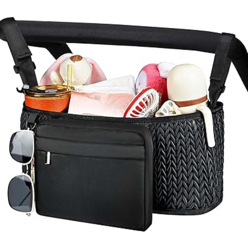 Universal Stroller Organizer with Insulated Cup Holder, Adjustable Stroller Caddy with Detachable Wrist Bag , Stroller Accessories Fits for Uppababy, Doona, Jogger, Britax, Mompush, Bob