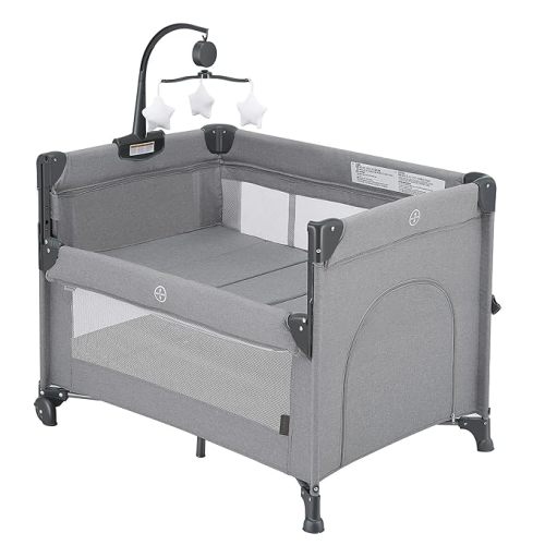2-in-1 Baby Playard, Pack and Play Bassinet, Easy Folding Portable Crib with Music Mobile for Newborn to Toddlers (Grey)
