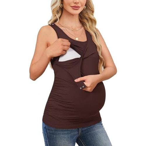 OUGES 2025 Womens Maternity Nursing Tank Tops Summer Scoop Neck Ruched Side Sleeveless Maternity Shirts Pregnancy Clothes