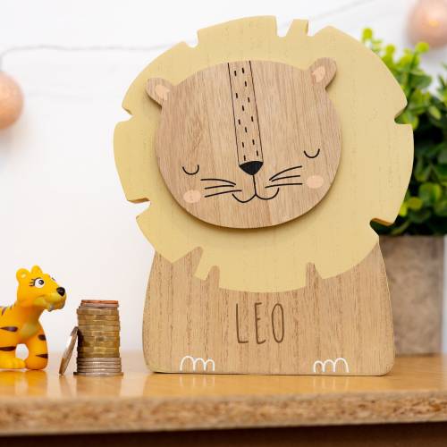 Personalised Engraved Lion Money Box Bank - Kids Savings Pocket Money Piggy Bank - Wooden Animal Money Box Gift for Babies and Children