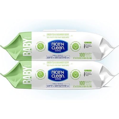 Nice 'n CLEAN Skin Care Baby Wipes Scented 100ct (2-Pack) | Safe on Sensitive Skin | Green Tea & Cucumber Scent | 100% Plastic-Free