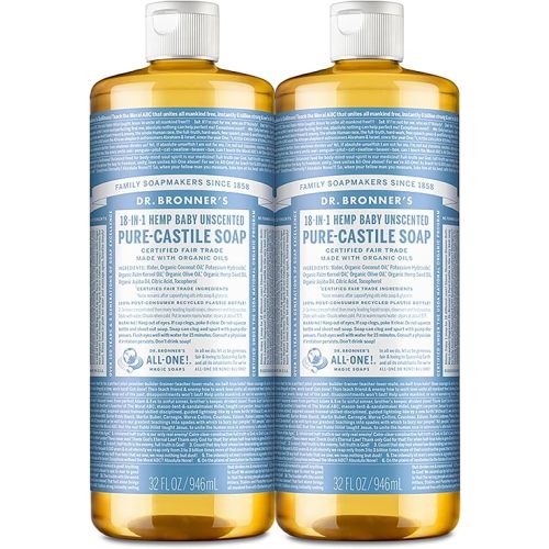 Dr. Bronner's - Baby Liquid Soap (Baby Unscented, 32 ounce, 2-Pack) - Made with Organic Oils, 18-in-1 Uses: Face, Hair, Laundry and Dishes, For Sensitive Skin and Babies, No Added Fragrance