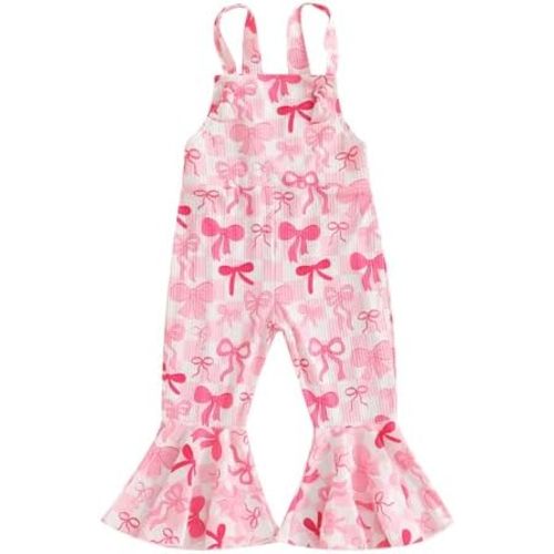 YOKJZJD Toddler Baby Girl Outfit Bow Print Suspender Romper Jumpsuit Overalls Bell Bottom Pants Fall Clothes