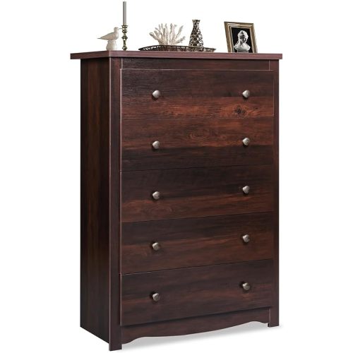 WLIVE Wood Dresser with 5 Drawers, Rustic Brown Wooden Storage Cabinet for Bedroom, Modern Organizer Drawers and Closet Dresser for Living Room, Hallway, Measuring 15.75" W*31.50" D*45.35" H