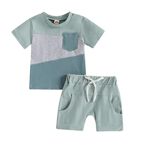 fhutpw Baby Toddler Boy Clothes Summer Outfits 6 12 18 24 Months Patchwork Short Sleeve T Shirt & Shorts Sets with Pockets