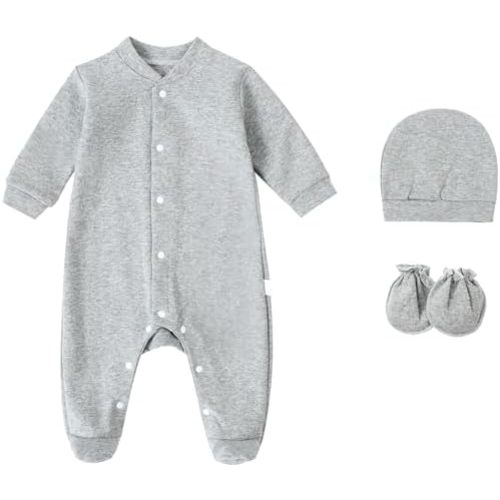 Baby Rompers 0~3 to 3-6 Months 100% Cotton Footies 3PCS Jumpsuit with Solid Hats Mittens Gloves