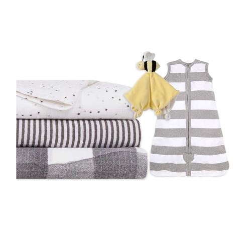 Burt's Bees Baby Unisex Baby Gift Set - Beekeeper Wearable Blanket, 3-Pack Muslin Swaddle Blankets & Plush, Organic Cotton Essentials Bundle