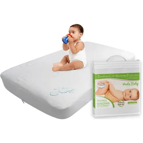 Vesta Baby Crib Mattress Protector Noiseless Waterproof Pad Cover Soft Jacquard Fitted Sheet Natural Bamboo Rayon for Infant and Toddler Standard Size Cribs