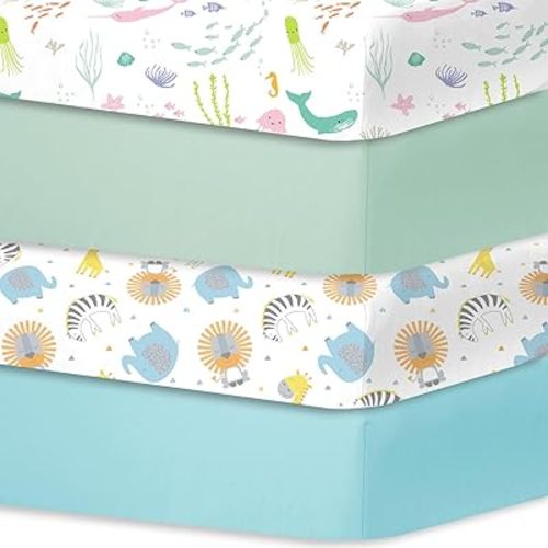 Bimocosy Crib Sheets for Baby Girl Boy, Fitted Sheets for Standard Crib and Toddler Mattresses, Super Soft Breathable Microfiber Crib Mattress Sheet 28"x 52", Ocean World/Woodland Animals/Aqua/Green
