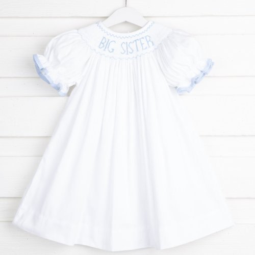 Big Sister Smocked Bishop Dress White with Blue