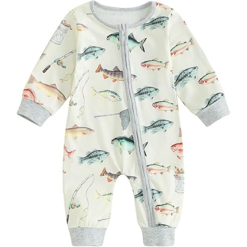 MAINESAKA Baby Boys Girls Fishing Outfit Infant Cotton Zipped Romper Summer One-piece Jumpsuit Newborn Coming Home Clothes