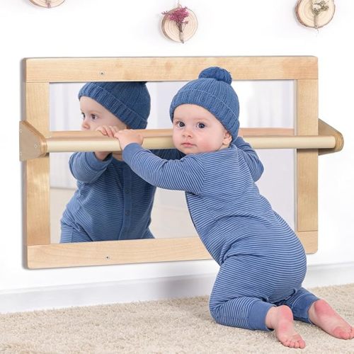 3-in-1 Baby Montessori Wooden Frame Non-Shatter Safety Mirror w/ 2 Pull Up Bars, Infant Coordination Small Mirror for 6-18 Months