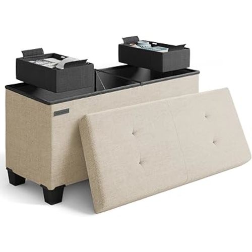 STORAGEBUD Storage Ottoman Bench with Bins, 30-in Storage Bench for Bedroom End of Bed, Folding Foot Rest Ottoman for Living Room Max 660lbs, Fabric Ottomans, Beige