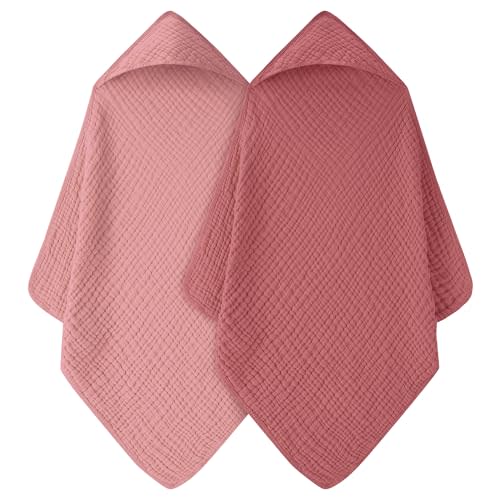 FIEMOL Baby Bath Towels, 100% Muslin Cotton Hooded Baby Towels Girl for Newborn, 2 Pack Pink Baby Towels with Hood for Infant Toddler and Kids, Large 32x32Inch, Soft and Absorbent