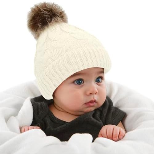 Durio Toddler Winter Hat for Girl Boy Warm Knit Baby Beanie Cute Pom Pom Winter Hat for Baby Infant Newborn Beanie 0-3 Years