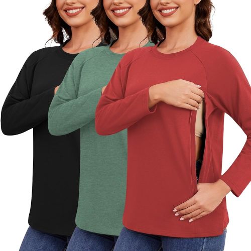 Ecavus 3-Pack Breastfeeding Shirts with Hidden Zippers Comfort and Soft Nursing Shirts for Women