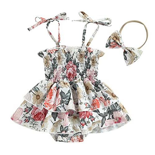 Baby Girl Smocked Romper Dress Vintage Floral Frill Trim One-Piece Bodysuit Playsuit+Headband Summer Bubble Clothes