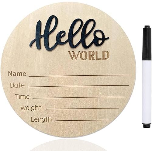 Baby Announcement Sign, ​5.9 Inch Wooden Hello World Newborn Signs, Birth Announcement Sign, Baby Shower Hospital Nursery for Newborn Boys and Girls (Black,Pen)
