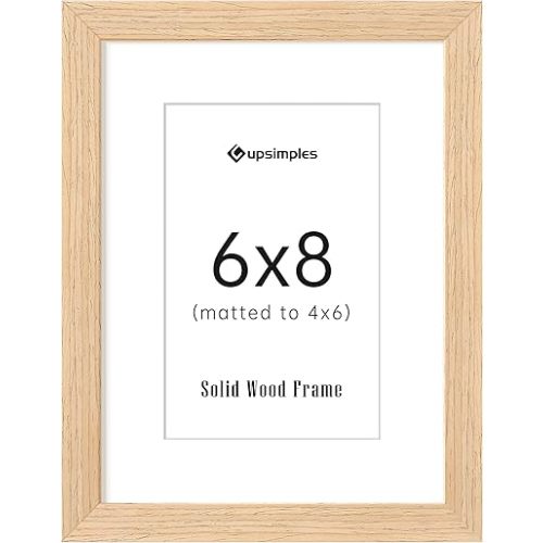 upsimples 6x8 Picture Frame, Natural Solid Wooden Picture Frames, Display 4x6 with Mat or 6 x 8 Without Mat, Wall or Tabletop, 1 Pack, Natural