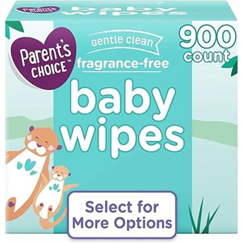 Parents-Choice Fragrance Free Baby Wipes, 900 Count, Hypoallergenic, Alcohol Free, Soft Thick Disposable Wet Cloths, Gentle Cleansing for Sensitive Skin, Moisturizing, Unscented, Flip-Top Packs