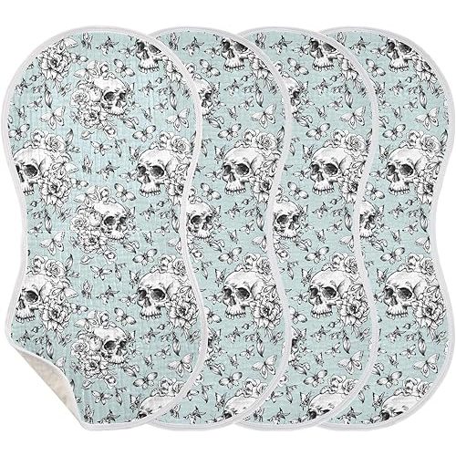 Muslin Burp Cloths for Baby Boys and Girls - 4-Pack Ultra Absorbent Goth Skull Muslin Washcloths, Newborn Towel, Milk Spit Up Rags, Burp Cloth Bib for Unisex, 22 x 11 Inch