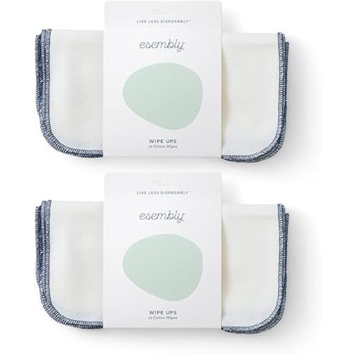 Esembly Wipe Ups, Organic Cotton Reusable Baby Wipes, Soft and Sturdy Washable Cloth Diaper Wipe, One Size, 2 x 12-pk (24 wipes)