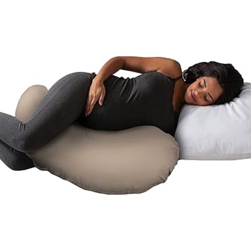 Boppy Cuddle Pregnancy Pillow with Removable Organic Cotton Cover - Compact Ergonomic Maternity Pillow, Versatile Support, Great Side Sleeper Pillow, Washable, with Cooling Rayon Cover - Biscuit