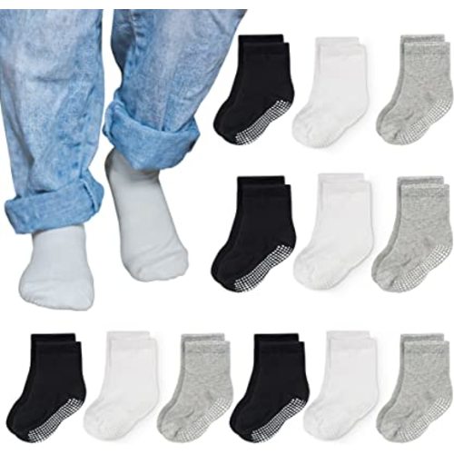 CozyWay Non Slip Toddler Socks 6/12 Pairs with Grip for Boys Girls Baby Infants Kids Anti Skid Cotton Crew Socks 1-9 Years