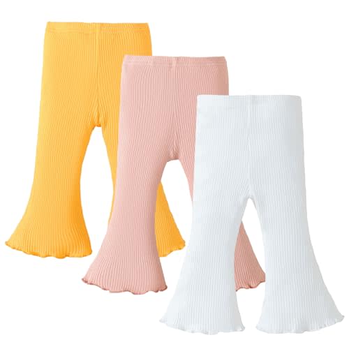 SOBOWO Baby Girl Flare Pants 3 Pack Toddler Solid Ribbed Ruffle Bell Bottoms Pants Trousers Fall Outfits
