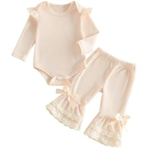 Baby Girl Fall Clothes Waffle Long Sleeve Romper and Ruffle Lace Hem Flare Pants 2 Piece Bell Bottoms Outfit
