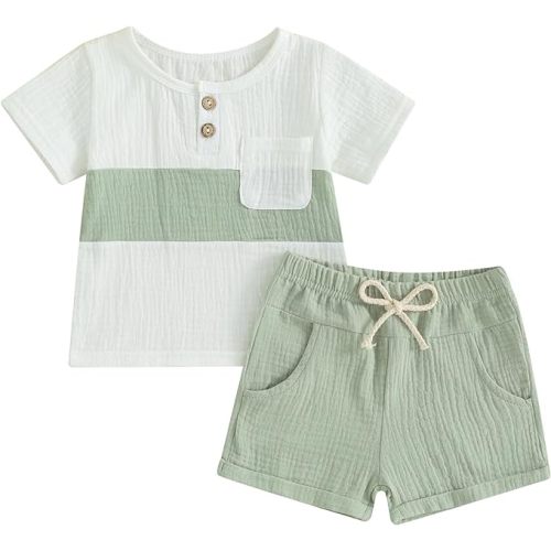 fhutpw Baby Boy Summer Outfits Henley Shirt Soft Pocket Short Sleeve Tops & Shorts Sets Infant 3 6 12 18 Months 2T Clothes