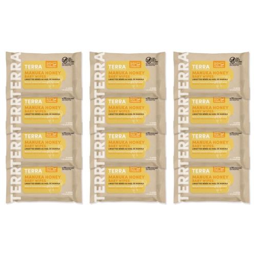 TERRA Baby Wipes Manuka Honey Butt Wipes, 10 x 12 Packs (120 Sheets), Thick, Portable, Plenty of Moisture, Tear Resistant, Hand Wipes, Additive-Free, Lid Included, Extra Thick