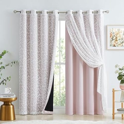 Jubilantex Pink Blackout Curtains Leaf Sheer Lace 2 Panels & 2 Full Blackout Curtains 100 Percent Room Darkening Curtains for Bedroom Living Room Grommet Top Design, 52" W x 63" L,Pink & White