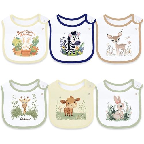 Maiwa 6 Pack Cotton Baby Bibs for Girls Boys with Waterproof layer for Drooling Eating teething with Snaps