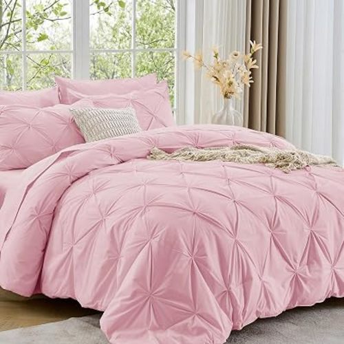 Sasttie Queen Comforter Set, 7-Piece Bed in a Bag, Pintuck Bedding Set for All Season, Includes Comforter, Flat Sheet, Fitted Sheet, Pillowcases and Pillowshams, Baby Pink